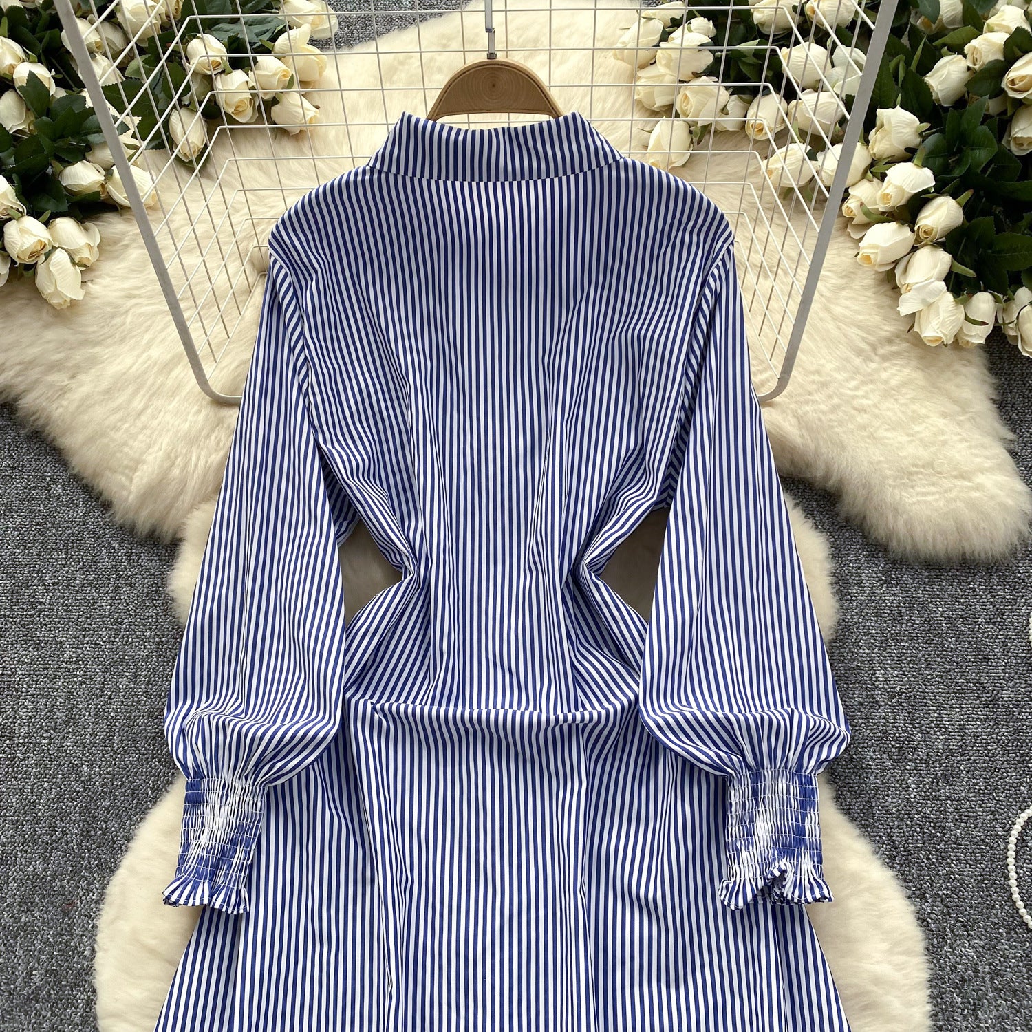 Chic Trendy Long Sleeve Single Button Casual Striped Shirt Dress 10