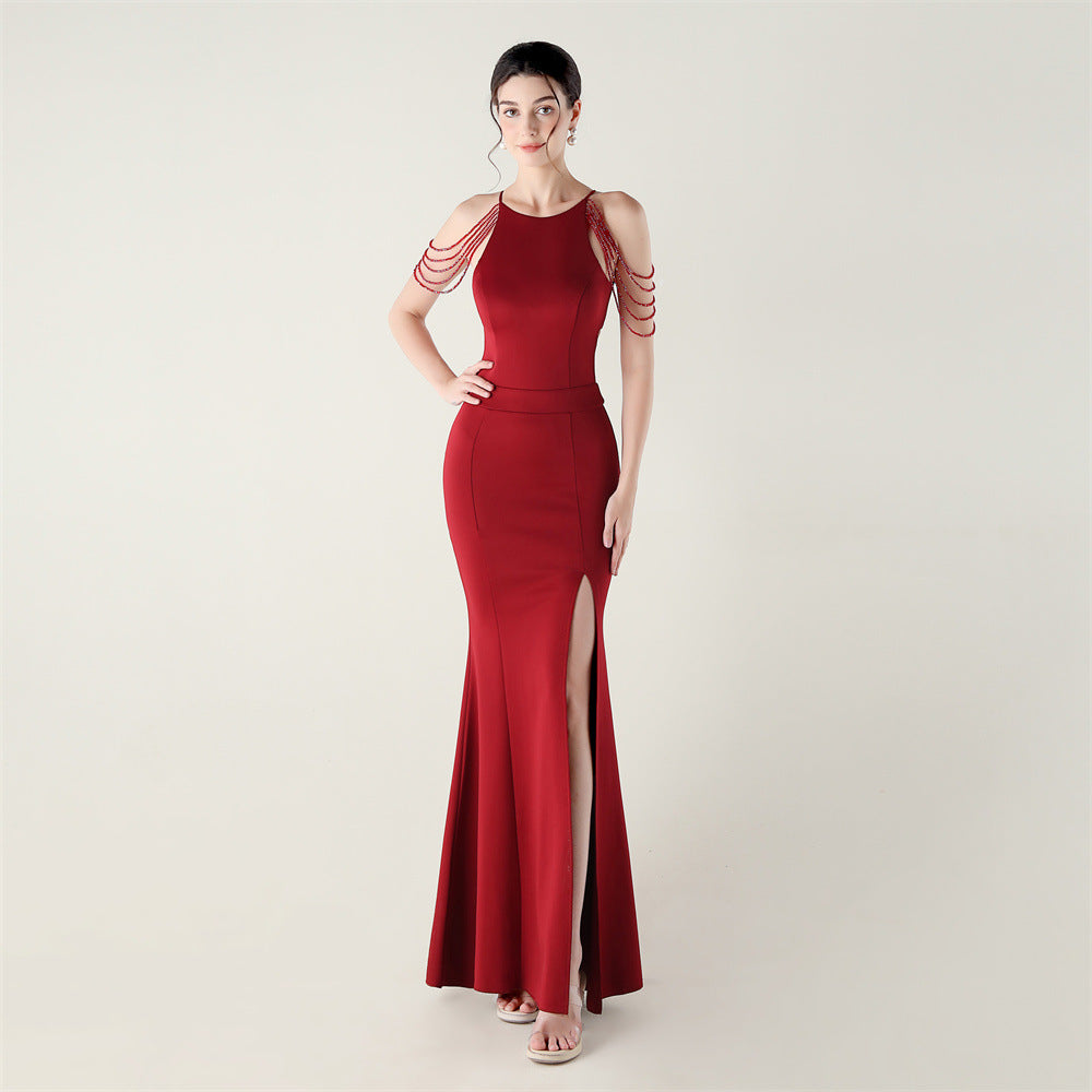 Women beaded off-shoulder one-shoulder slit evening dress 6