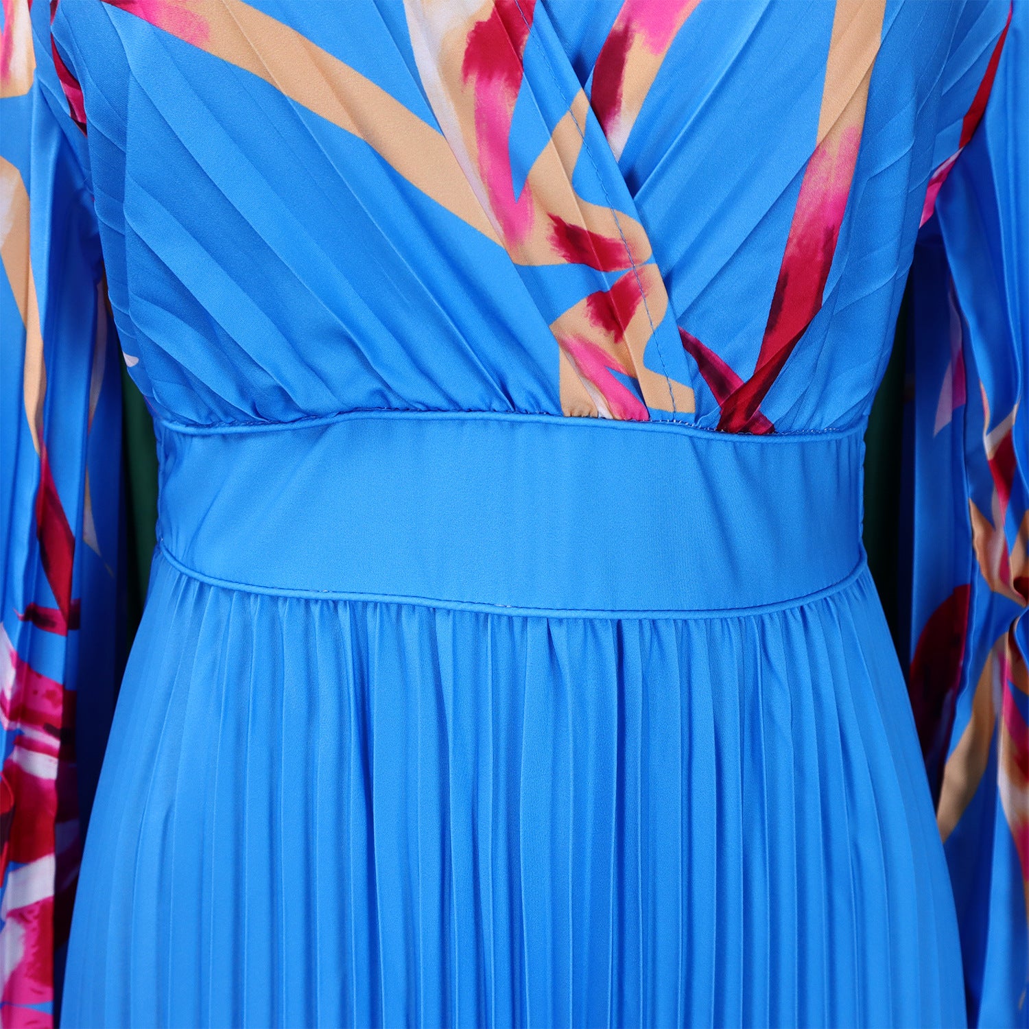 Women's V-Neck Long Sleeve Printed Pleated Chic Long Dress 30