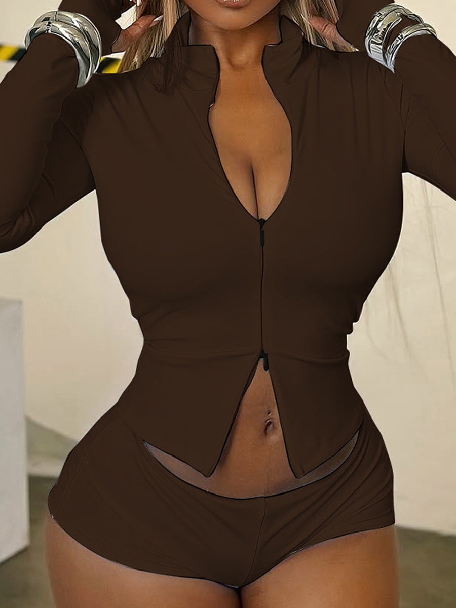 Women Autumn/Winter Stand Collar Zippered Top Shorts with Three-Piece Knee Pads 12