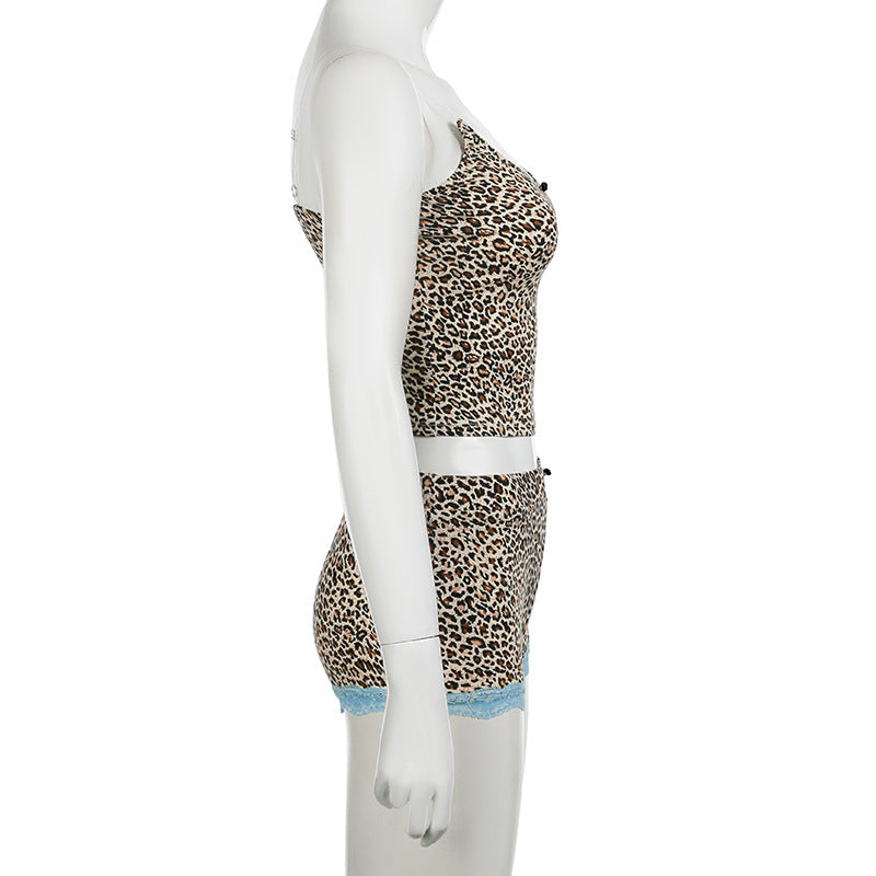 Sexy Women's Summer Leopard Home Wear Tight Fitting Strap Vest Contrast Shorts Two-Piece Set 8