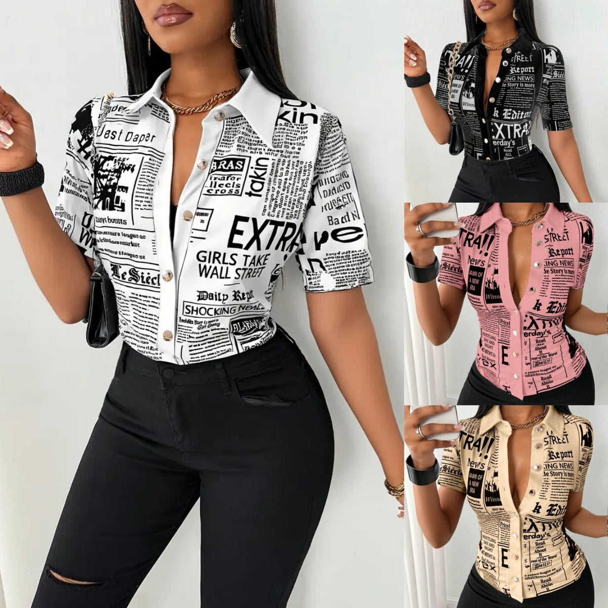 summer fashion newspaper print single-breasted v-neck women shirt 11