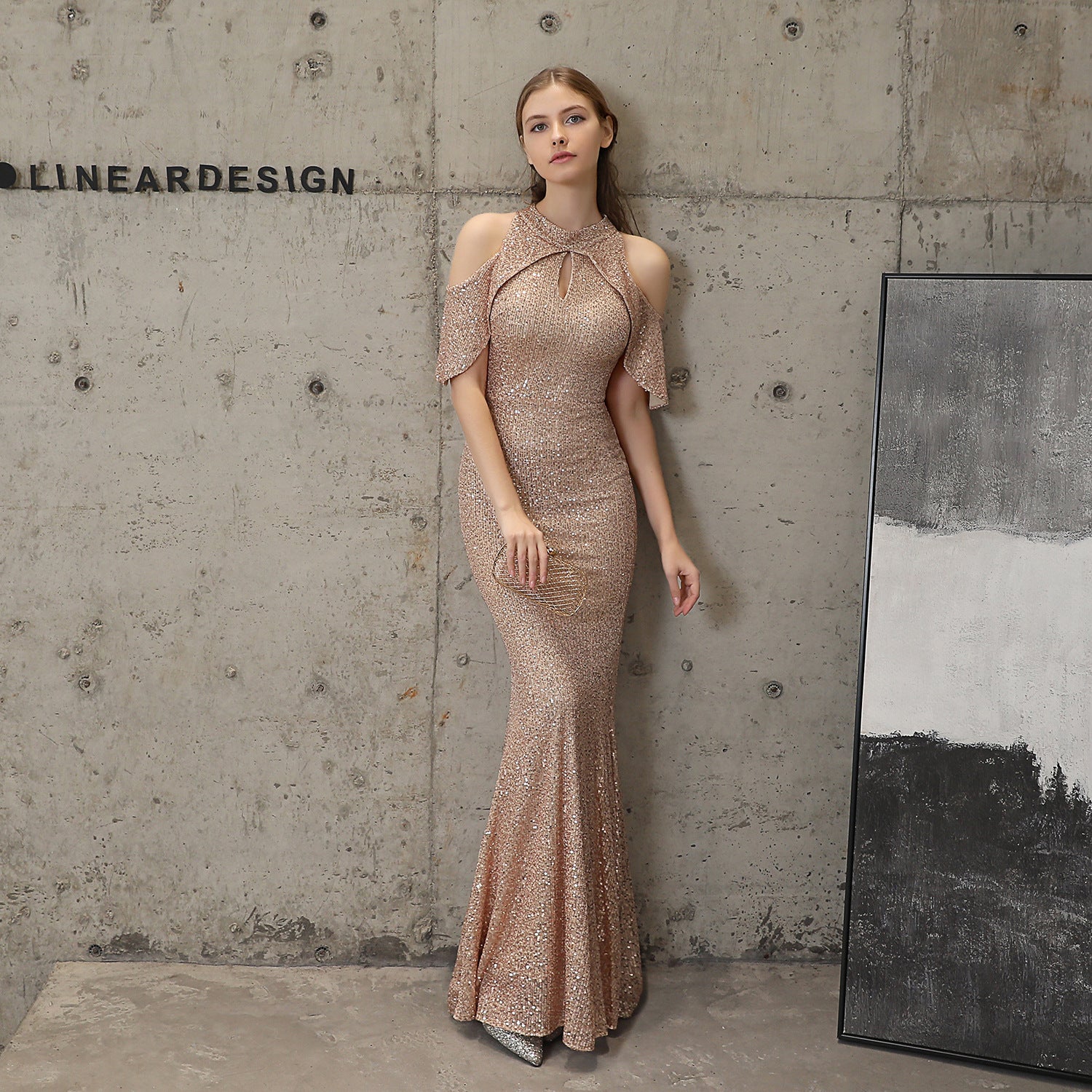 Women Elegant Long  Short Sleeve Sequins Fishtail Evening Dress 8