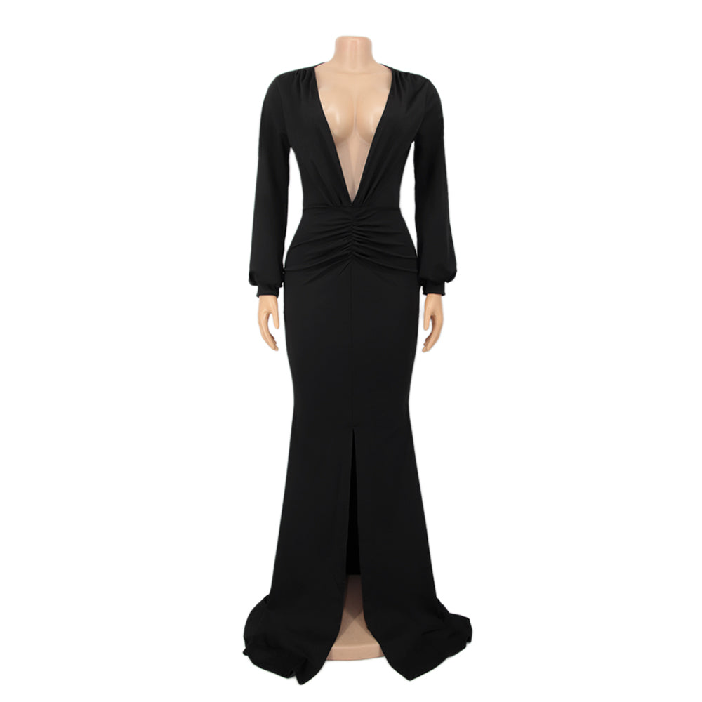 Spring Long Sleeve Deep-V Front Slit Mermaid Black Evening Dress 3