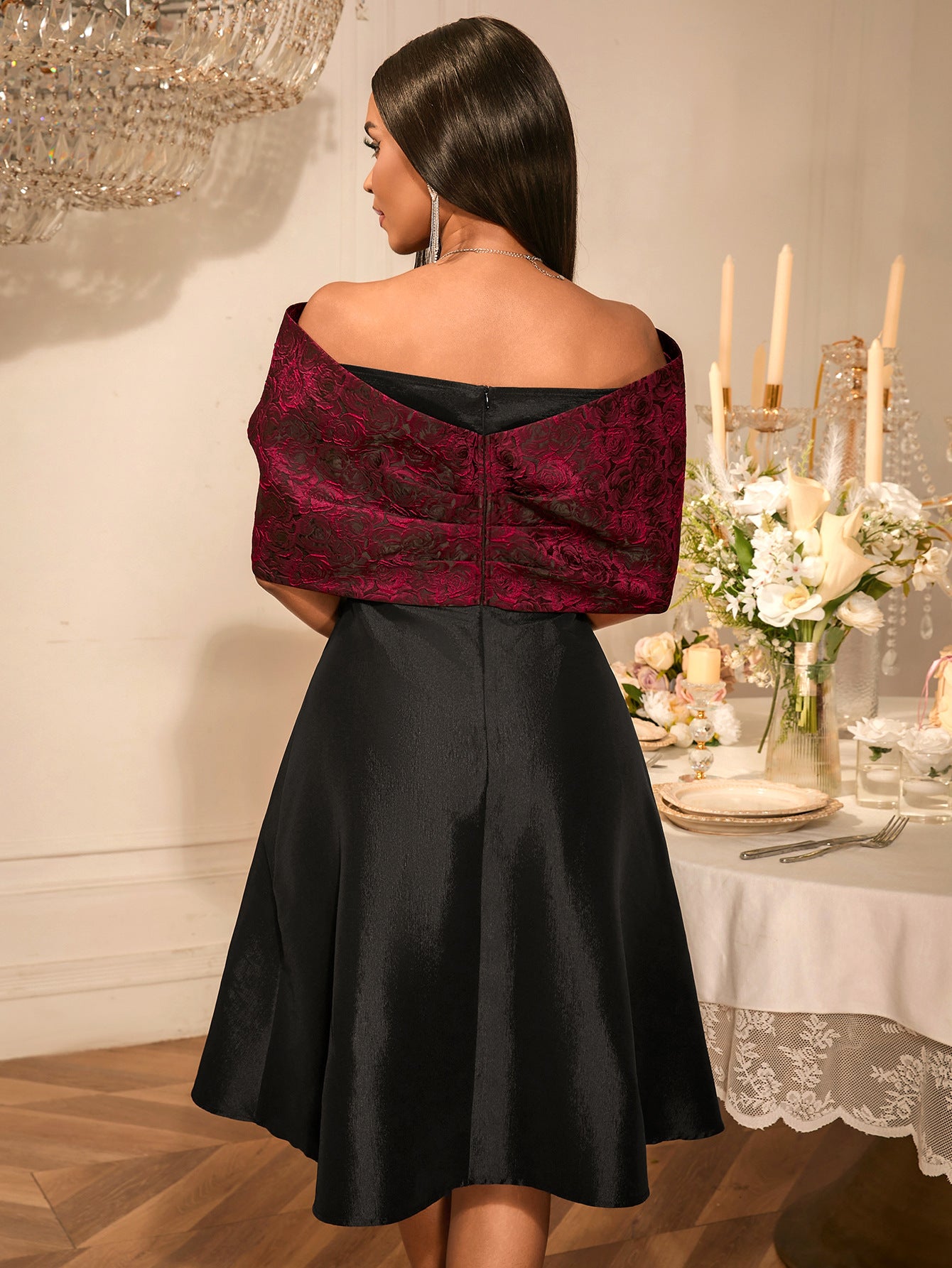 African Elegant Bow Off-Shoulder Rose Jacquard Patchwork Black Formal Party Dress 3