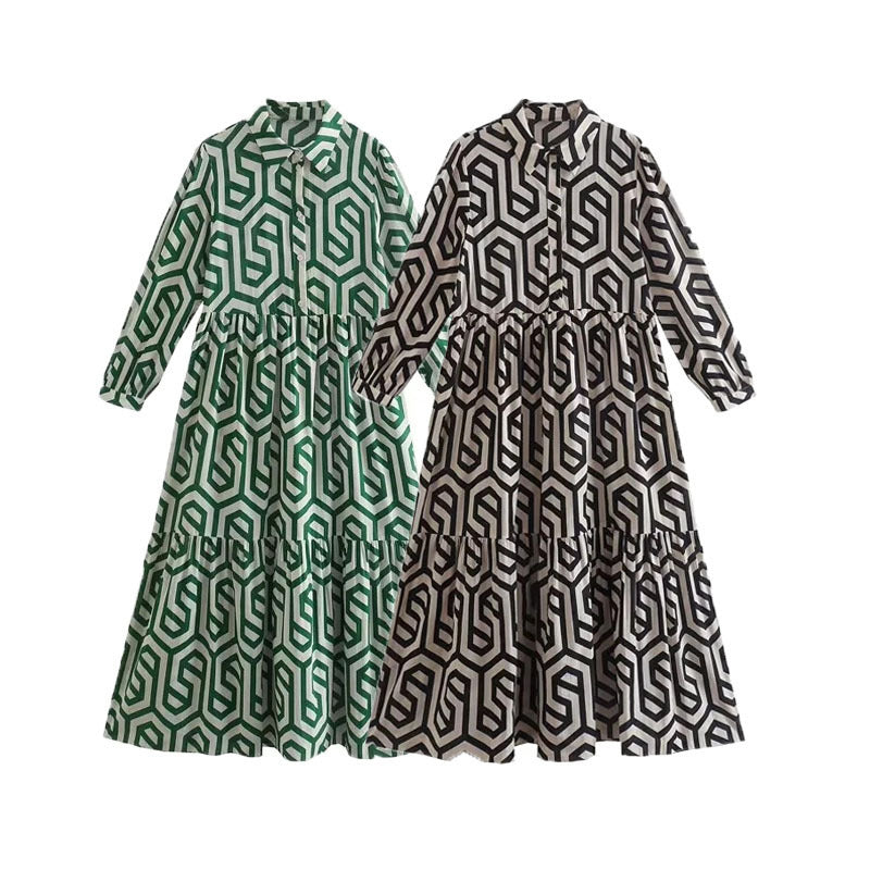 Women's Long Sleeve Turndown Collar Green Geometric Print Shirt Dress 7