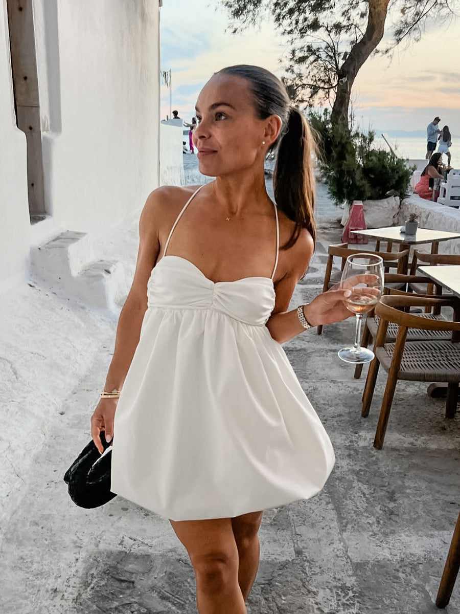 Women Spring and Summer Casual White Sexy Suspender V-Neck Dress 3