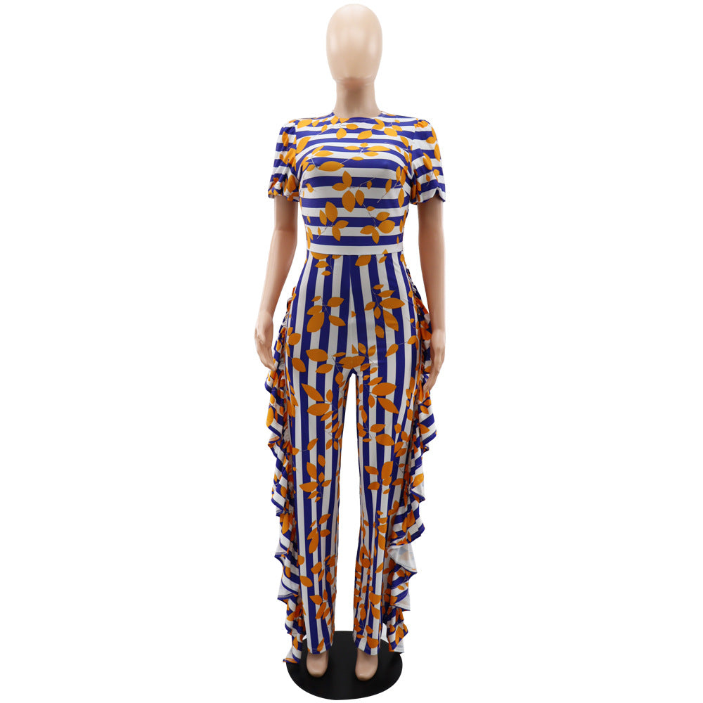 Chic Puff Sleeve Elegant Ruffled High Waist Overalls Straight Leg Trousers Women's Jumpsuit 10