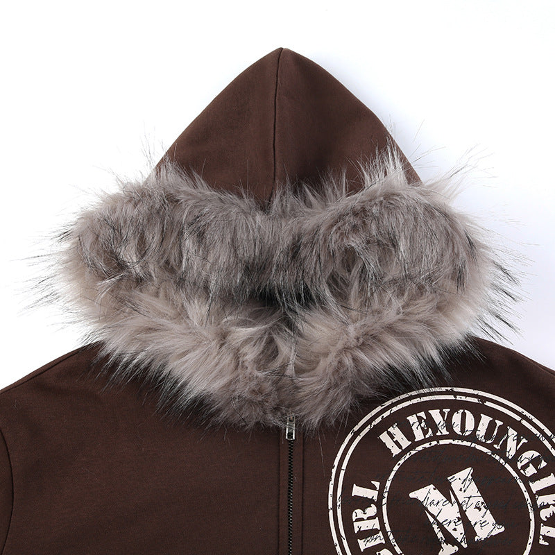 Winter Plush Hooded Badge Print Retro Jacket Loose Plus Size Casual Zipper Hoodies 13