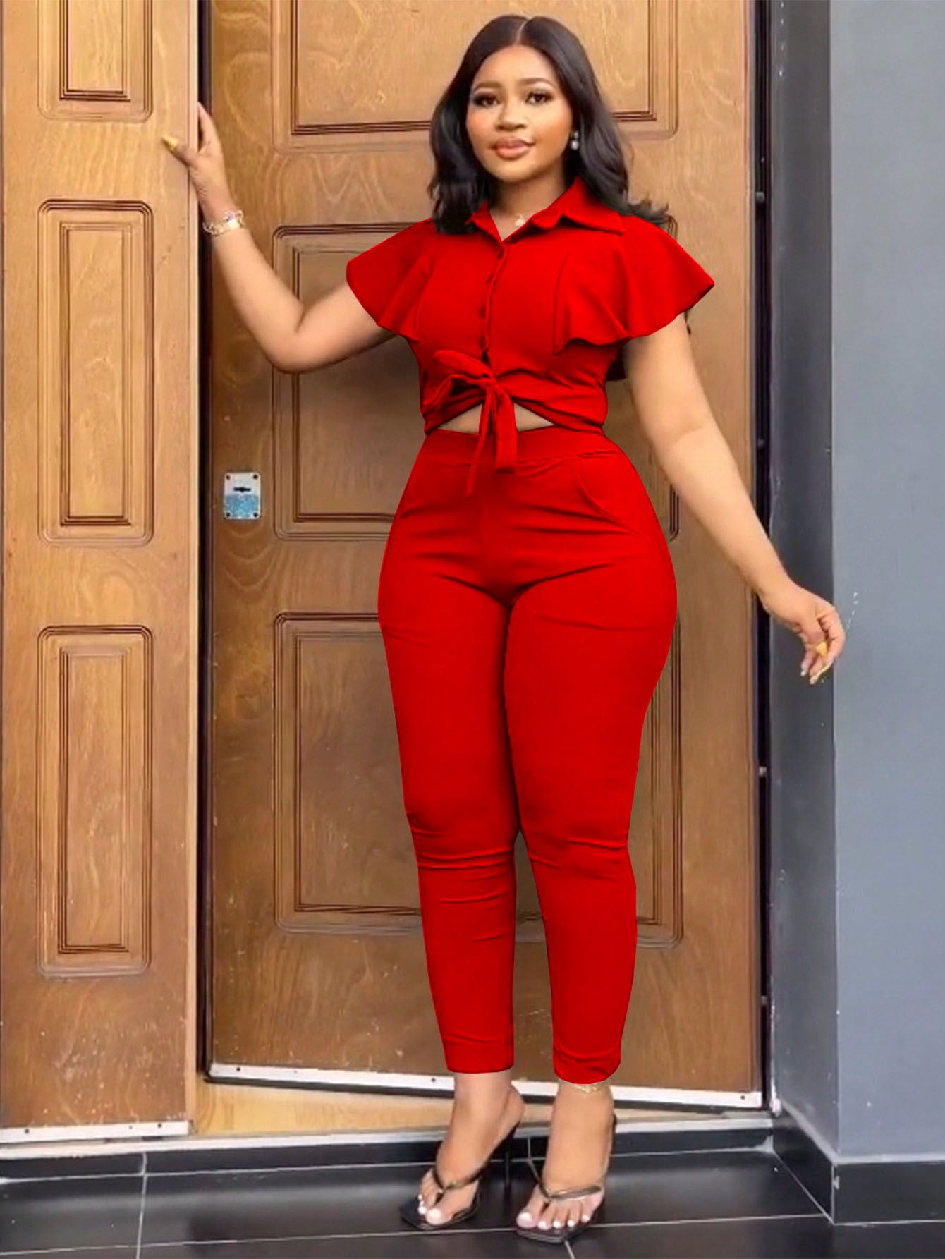 Women Turndown Collar Top and Pocket Pants Two Piece 4