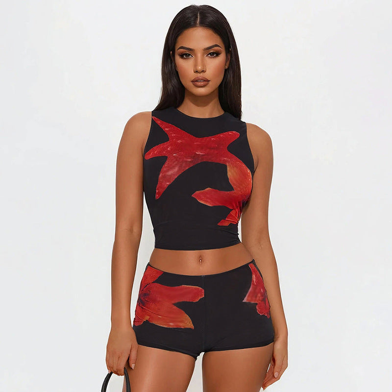Women's Casual Starfish Print Round Neck Sleeveless Crop Top & Shorts Set 3