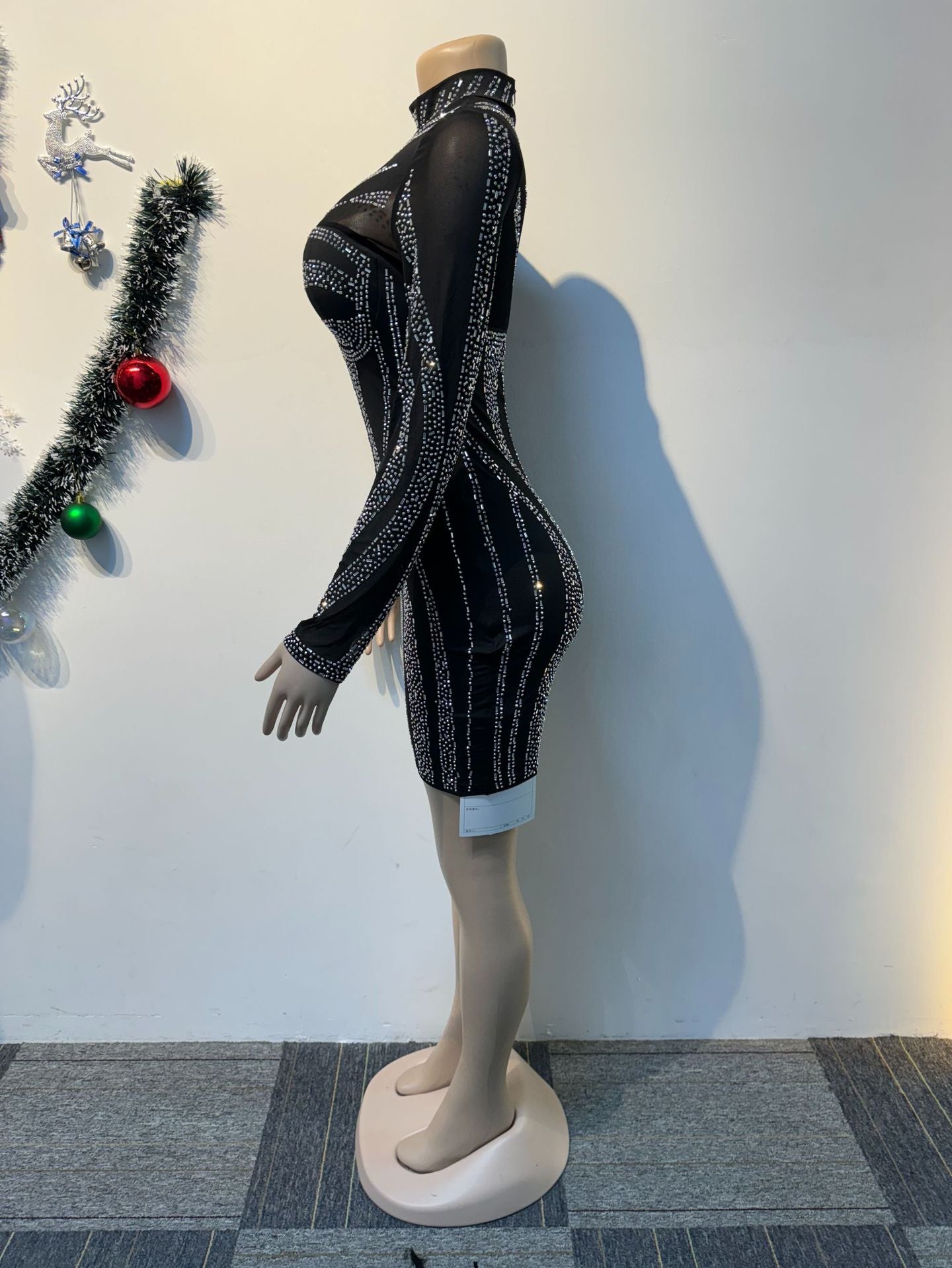 Sexy See-Through Beaded Mesh long sleeve Bodycon club dress 7