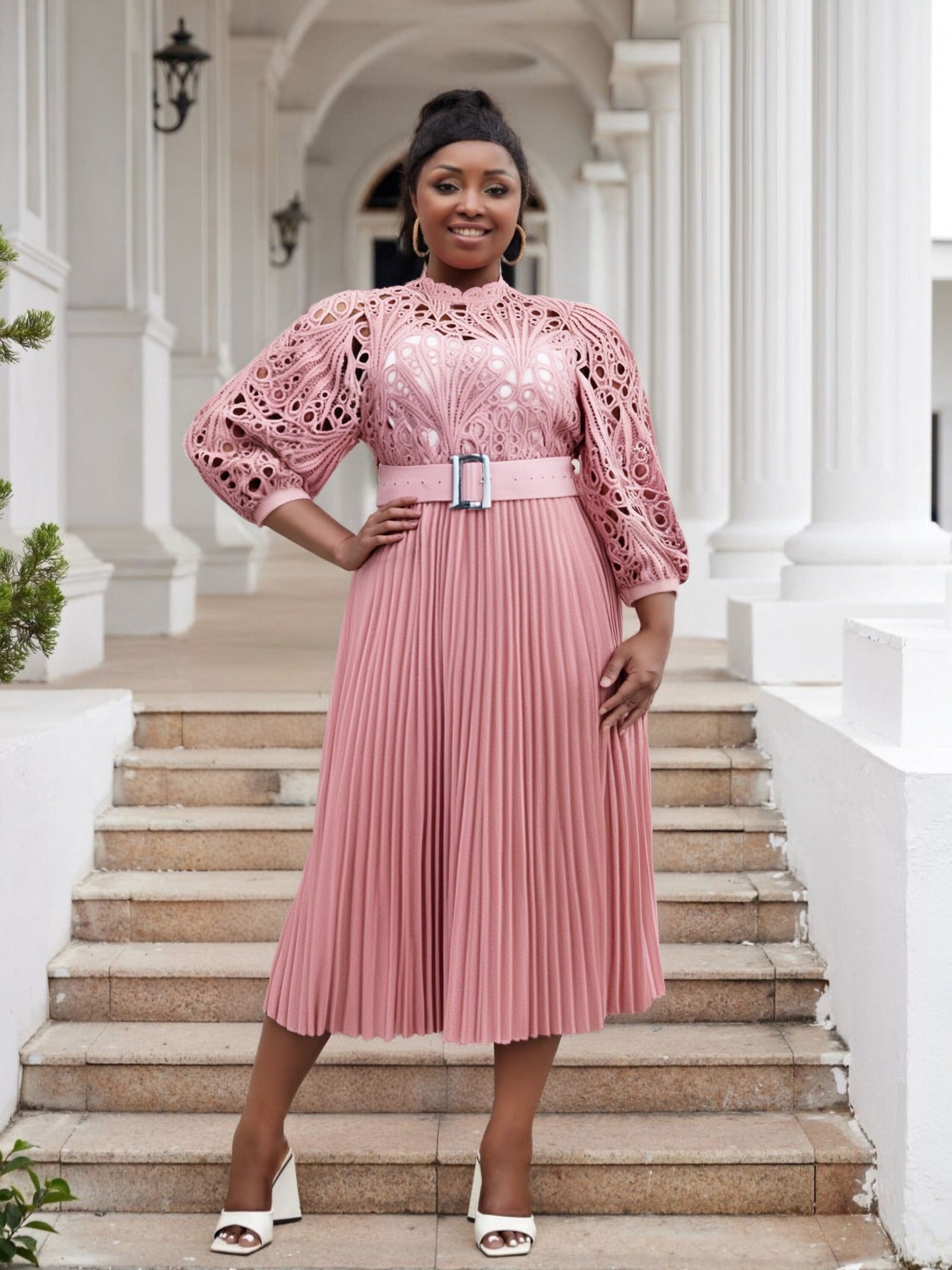 Plus Size Women lace hook flower sexy hollow pleated dress 11