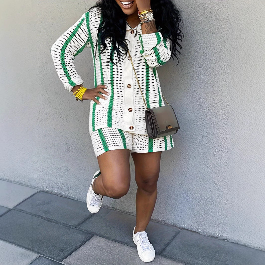 Women Contrast Long Sleeve Sweater ShortsTwo Piece Set 5