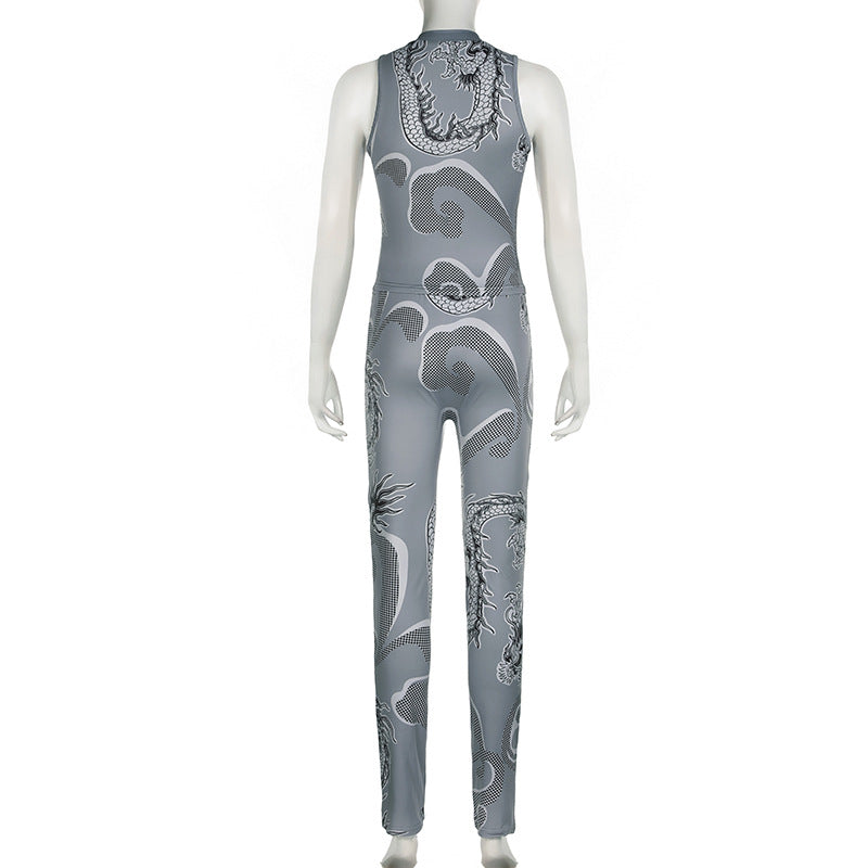 Women's Style Dragon Print Fashion Zip Sleeveless Vest Trousers Casual Two Piece Pants Set 12