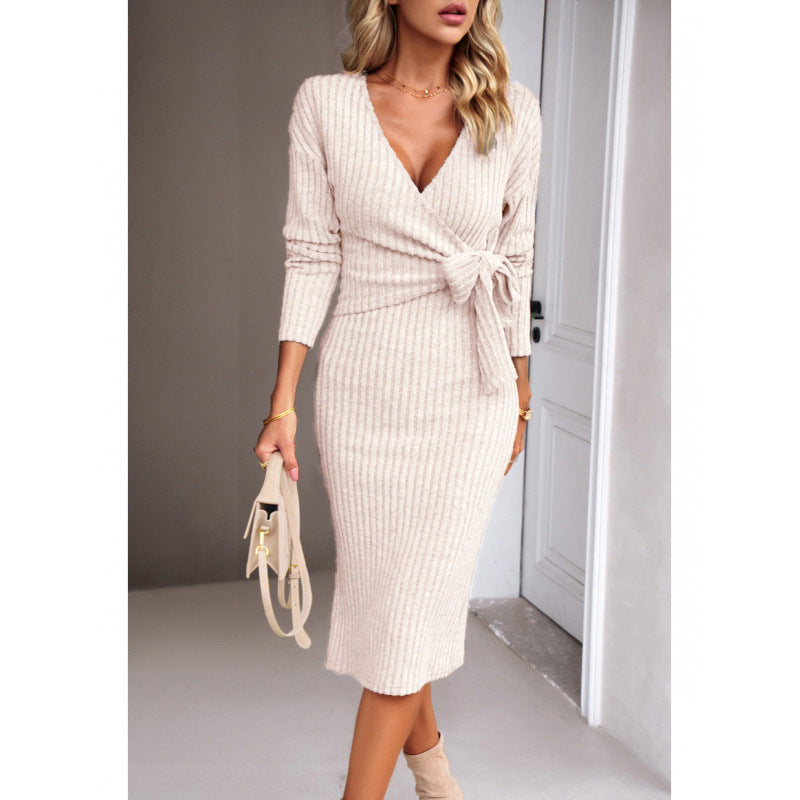 Women autumn and winter v-neck long sleeve knitting lace-up dress 10