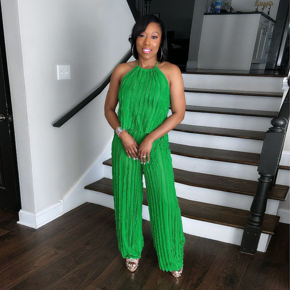 Summer Sexy Halter Neck Low Back Sleeveless Ruffle Women Two Piece Pants Set 3