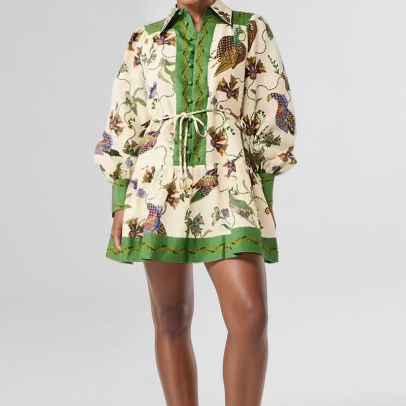 Women lace-up print Turndown Collar long sleeve pleated dress 5