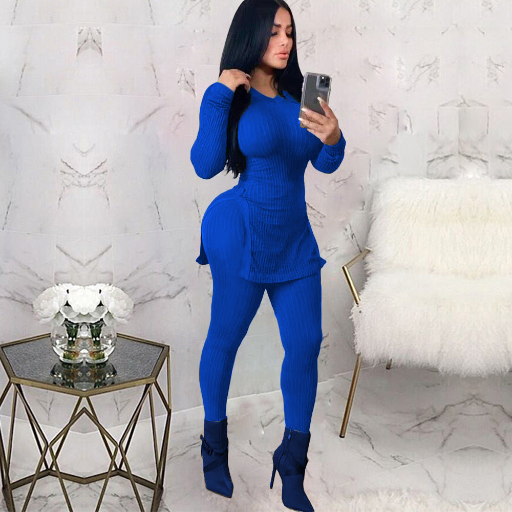 Women slit Ribbed sexy Top and Pant two-piece set 5