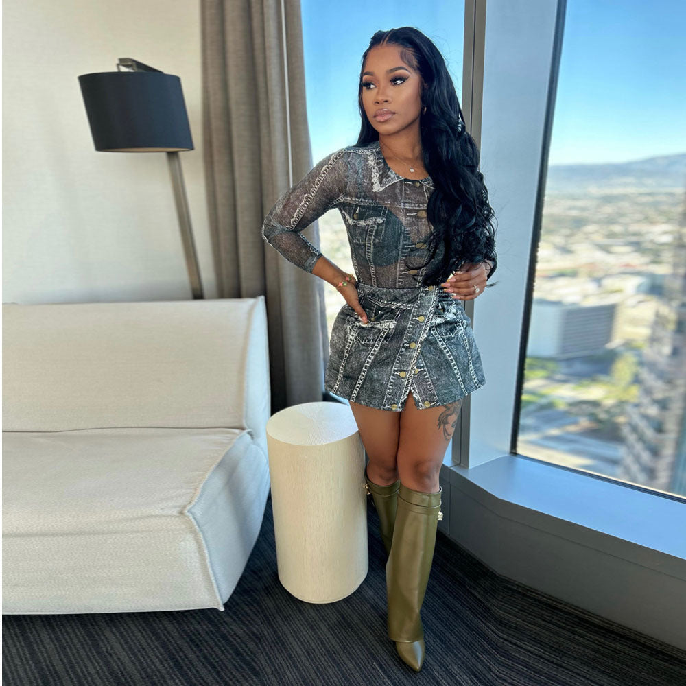 Women Mesh Bodysuit and Print Skirt two-piece set 6