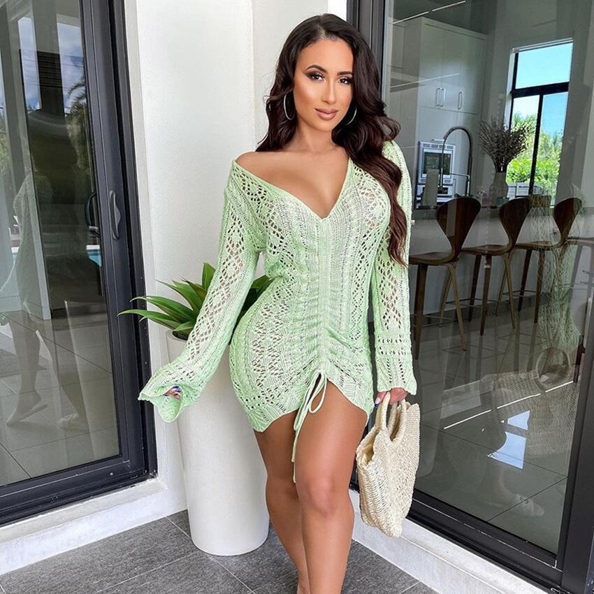 Women V neck hollow long sleeve Knitting dress 5