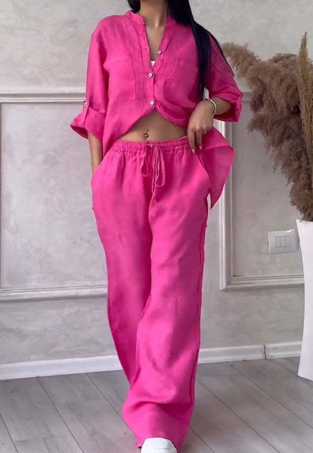 Women Casual Solid Shirt Wide Leg Pants Two Piece Set 6