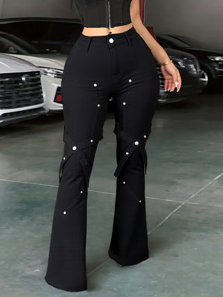 Women American rivet stretch Bell Bottom denim pants