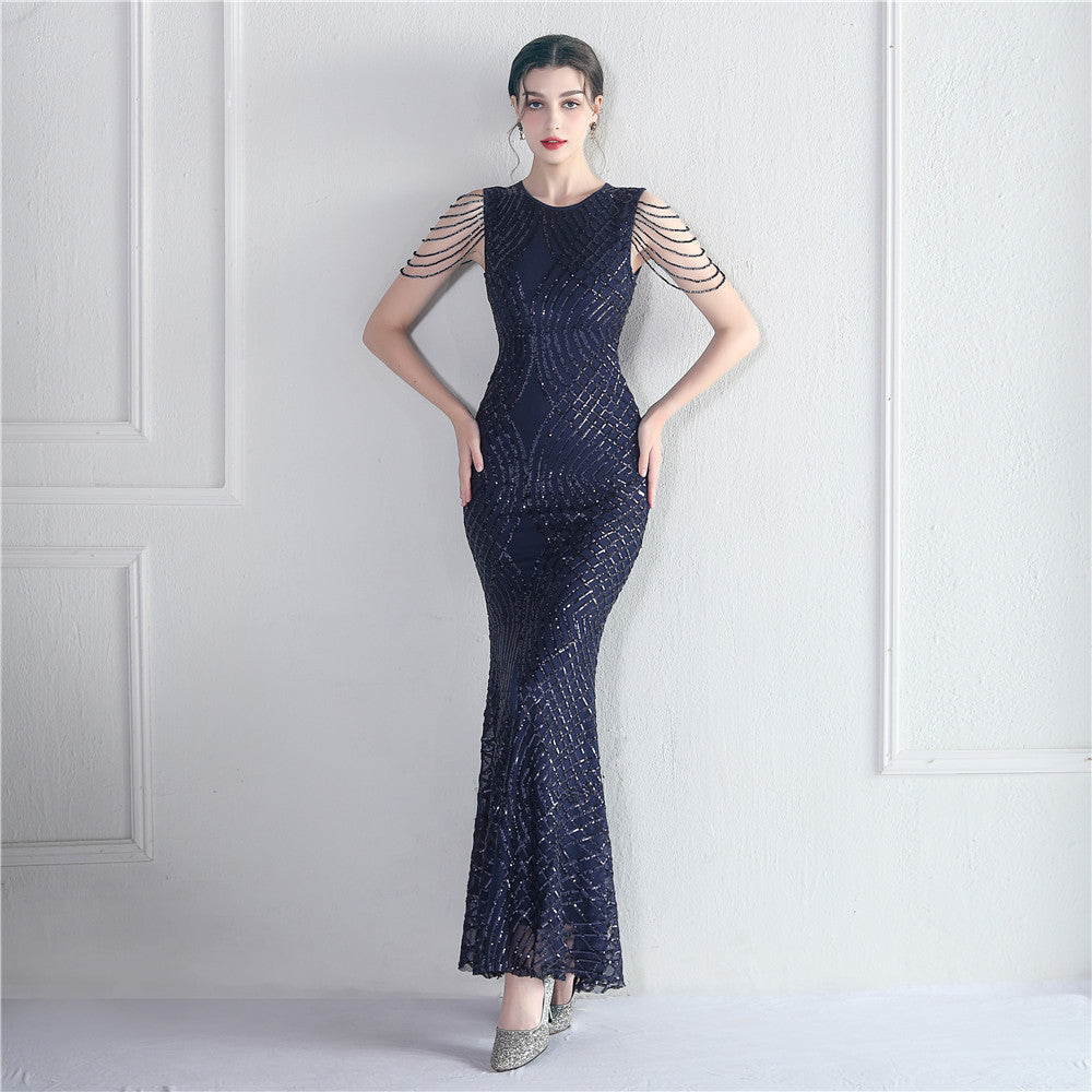Decorative Crystal Diamond Chain Sequin Embroidery Stripe Positioning Flower Dinner Ceremony Long Evening Dress 7