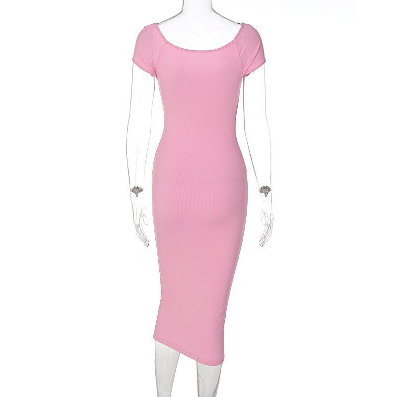 Summer Women's Off Shoulder Rib Long Slim Dress 24