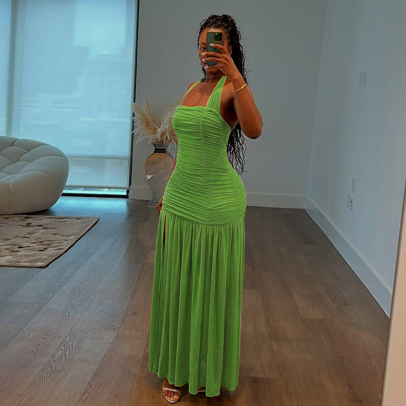 Women Fall Halter Neck Backless Pleated Double-Layered Patchwork Sexy Dress 4