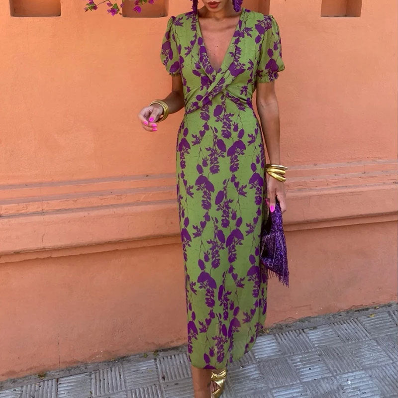 Women's fashion printed V-neck long dress