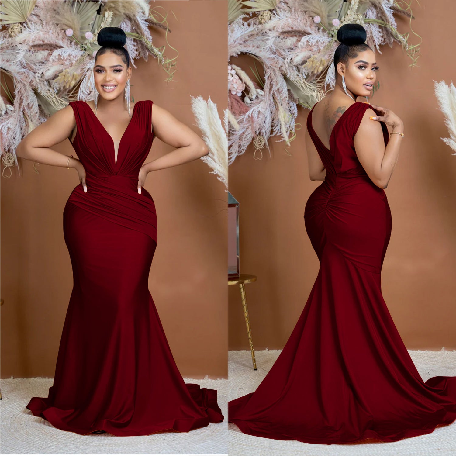 Women Solid V-Neck Sleeveless Pleated Maxi Dress 4