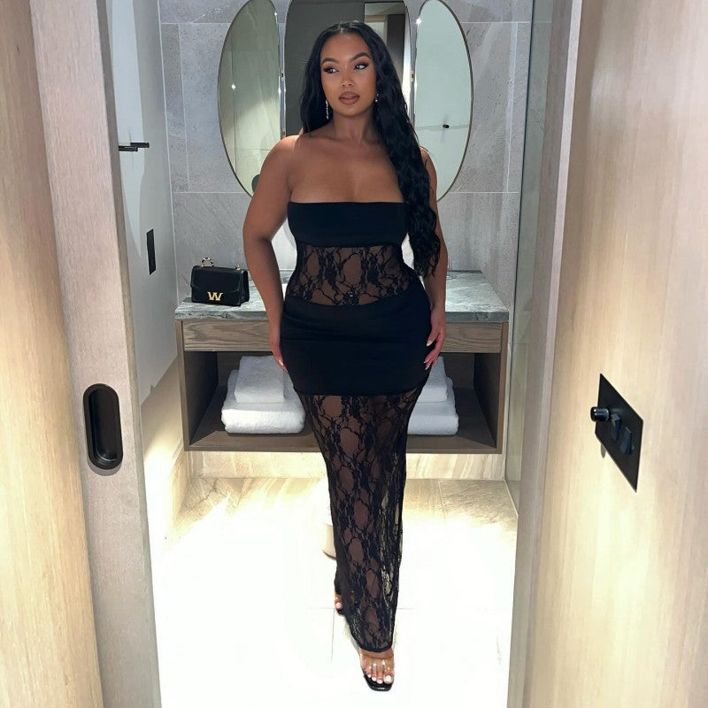 Summer Solid Color Sexy Lace Patchwork Strapless Slim Long Dress 3