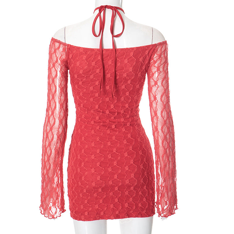 Women Spring Sexy Lace Hollow Tie Bodycon Dress 8