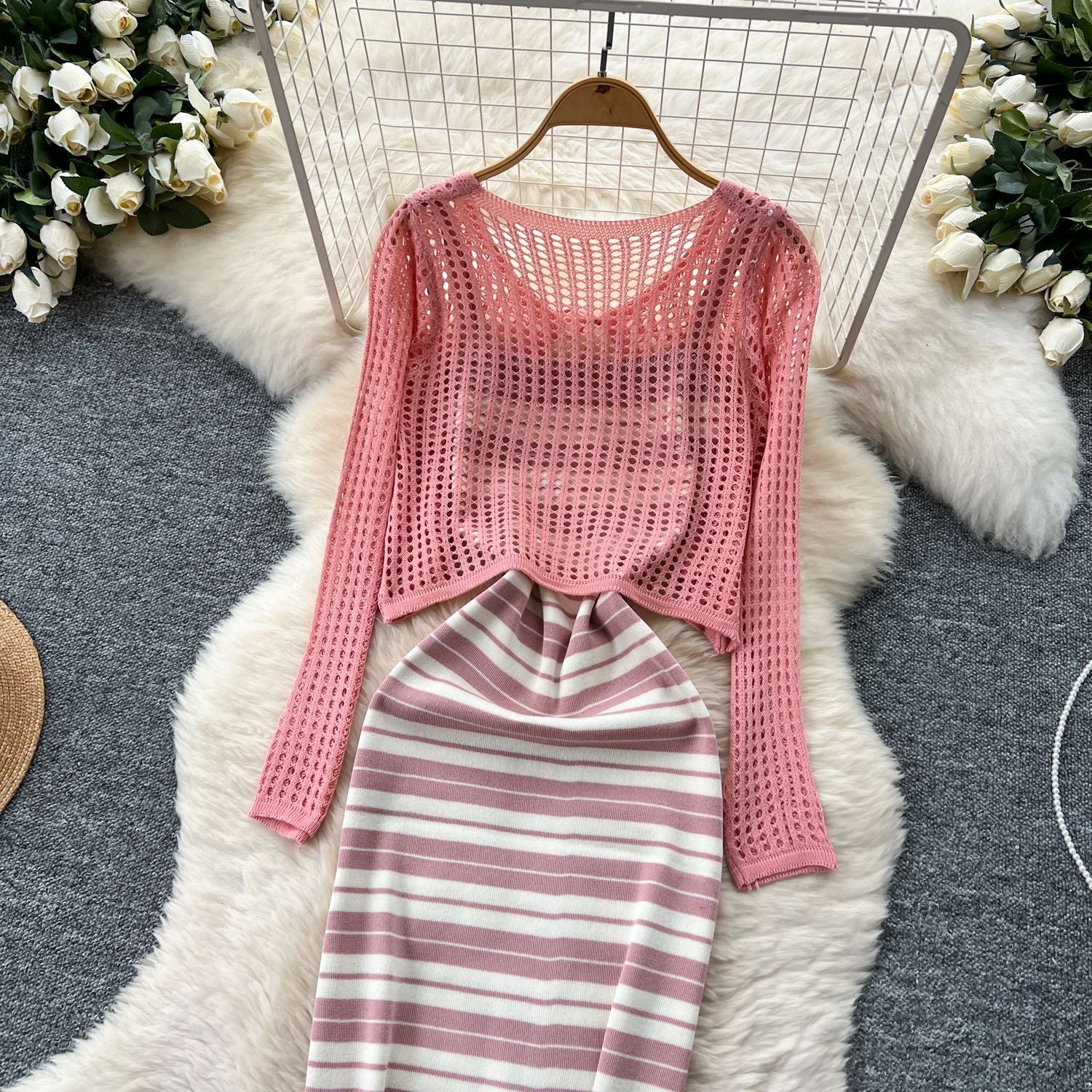 Tie Up Cardigan Low Back Strap Slim Fit Chic Stripes Knitting Dress 21