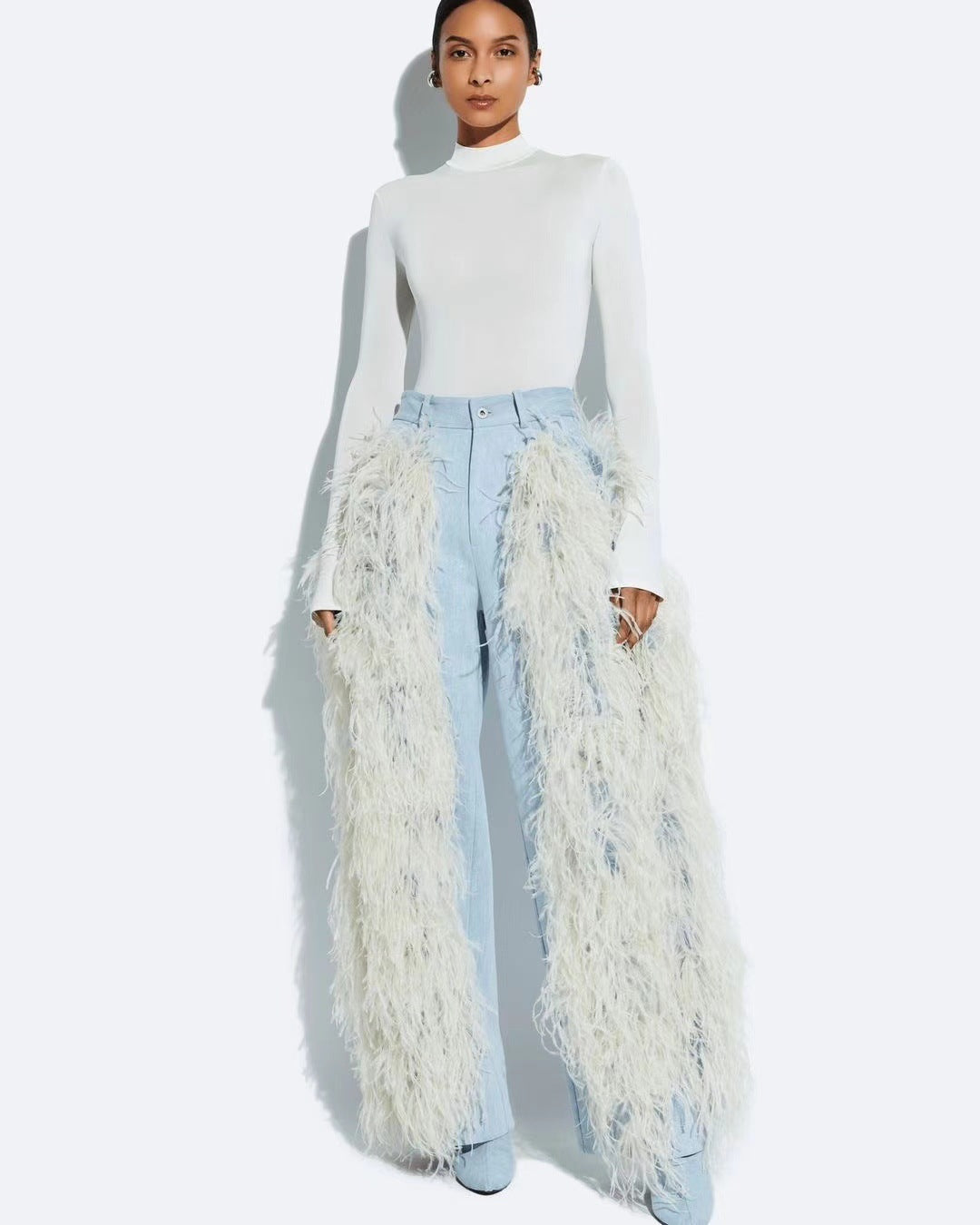 Women Fashion Furry Flowing Denim Pants 5