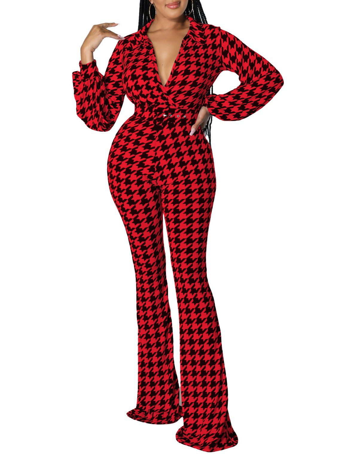 Women's Autumn and Winter V-neck Puff Sleeve Slim Waist Printed Wide Leg Plus Size African Jumpsuit 7