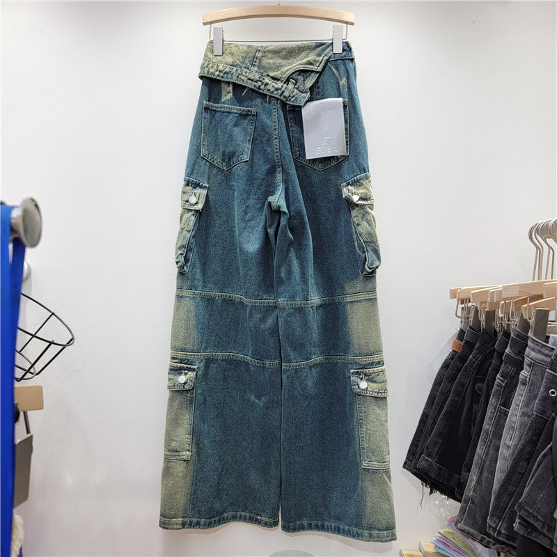 spring Trendy High Waist Style Pocket Cargo Denim Straight Pants Women's Loose Slim Fit Wide Leg trousers 10
