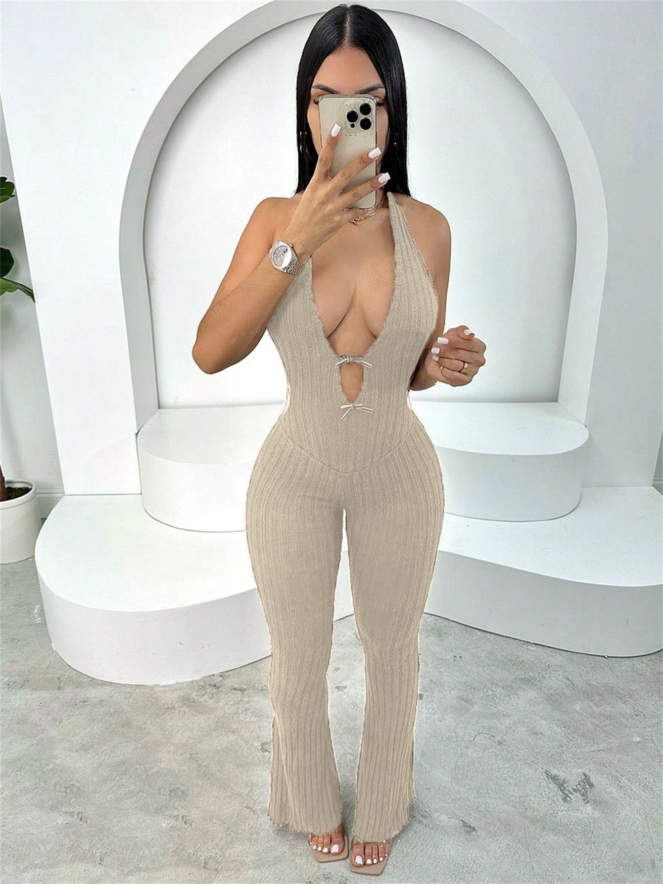 Women summer Halter Neck lace-up backless sexy Bell Bottom Jumpsuit 4