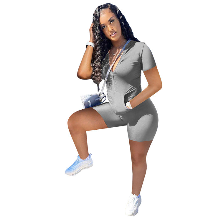 Women Summer Casual Solid Zipper Top and Shorts Two-Piece Set 13