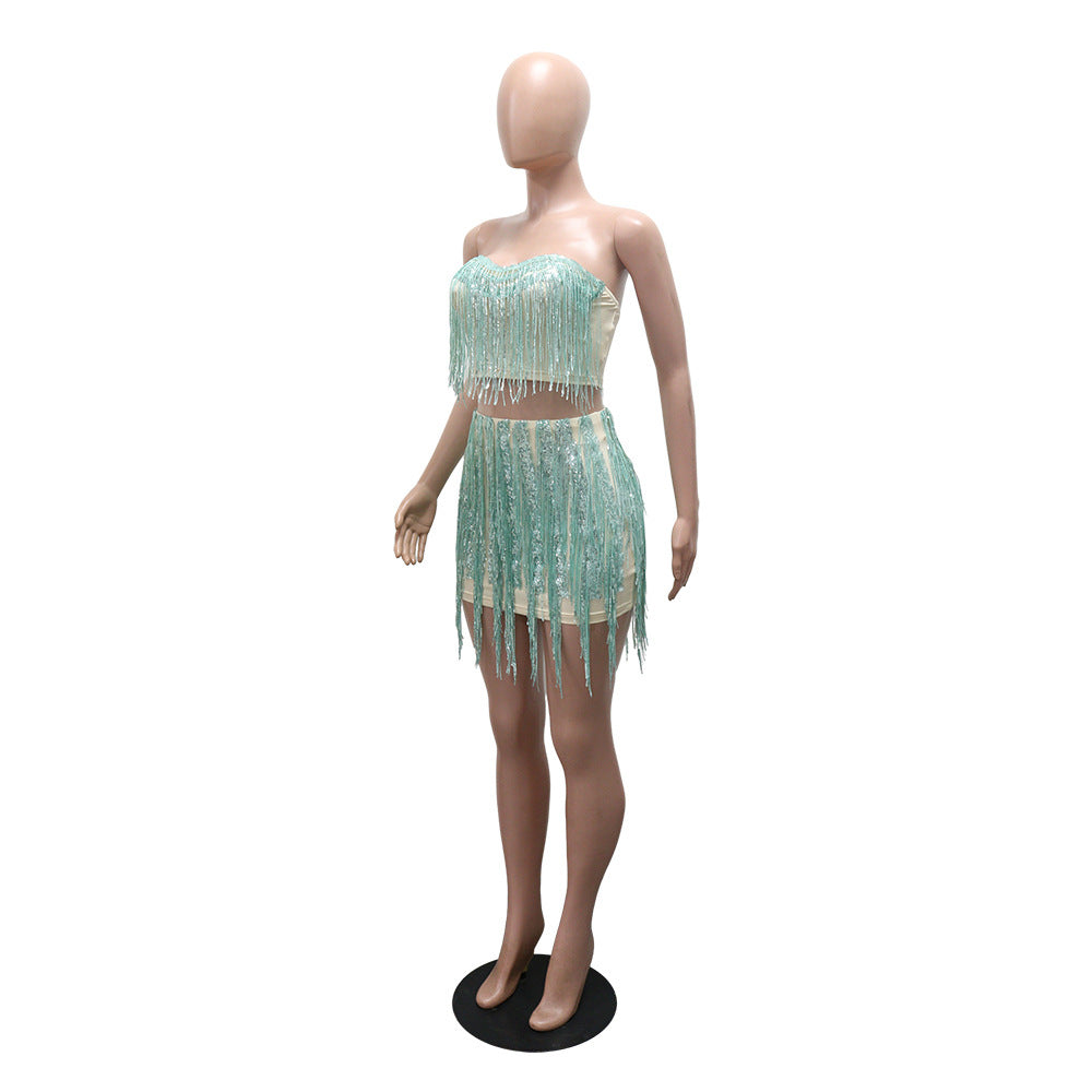 Strapless Top with Bodycon Skirt Fashion Fringe Two-Piece Women's Set 6