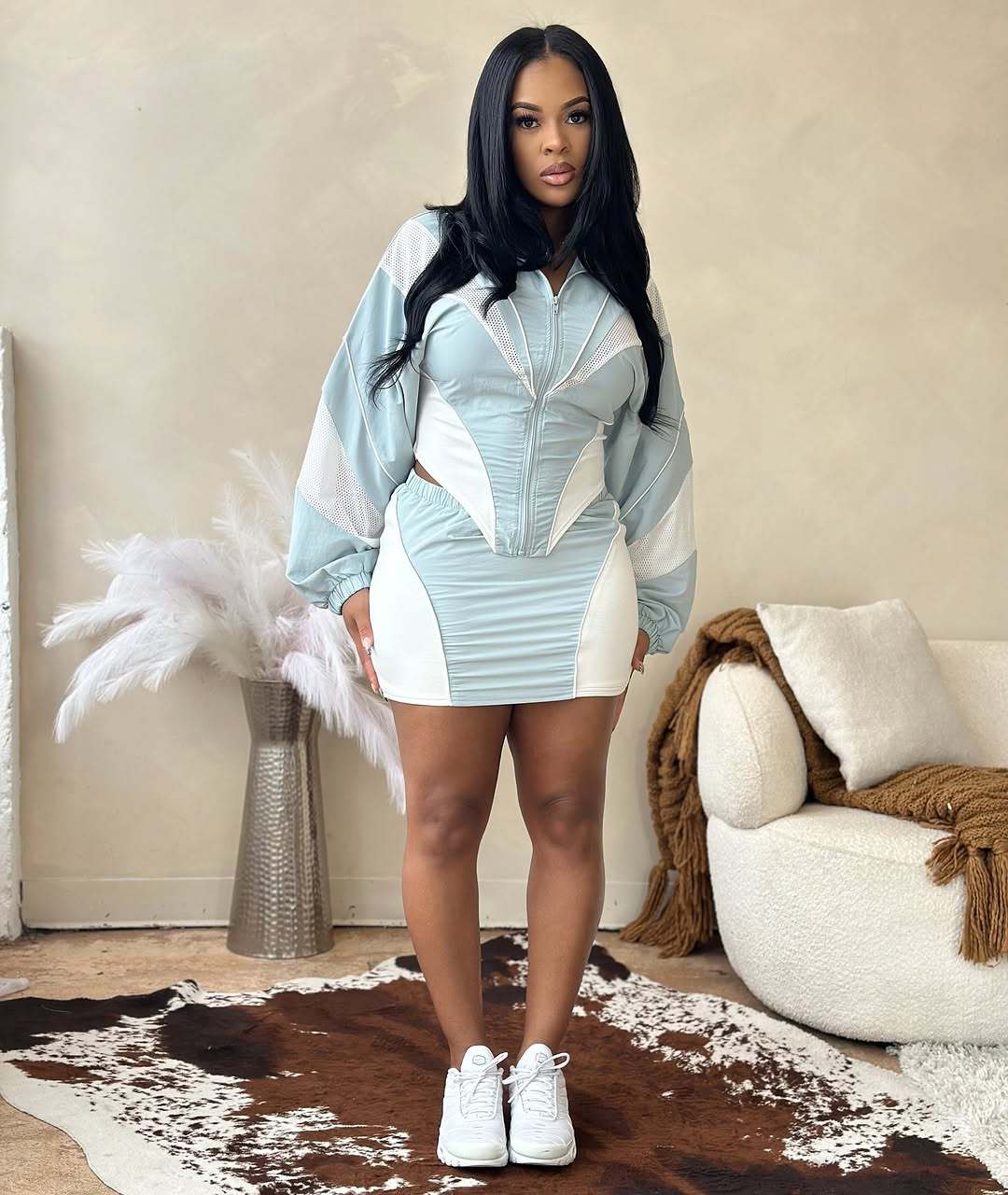 Autumn Sexy Sports Style Loose Casual Contrast Color Long Sleeve Jacket Short Skirt Women Two Piece Set 5