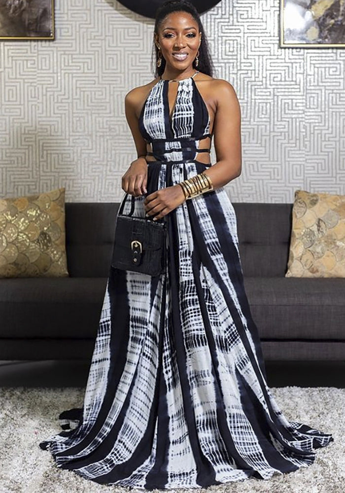 Women's Print Halter Neck Backless Maxi Dress