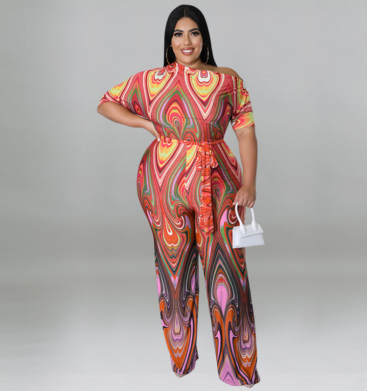 Plus Size Women's Summer Slash Shoulder Print Short Sleeve Wide Leg Jumpsuit