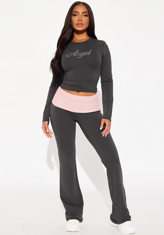 Women's Autumn And Winter Fashion Beaded Round Neck Long-Sleeved Top Contrast Color Bell Bottom Pants Two-Piece Set