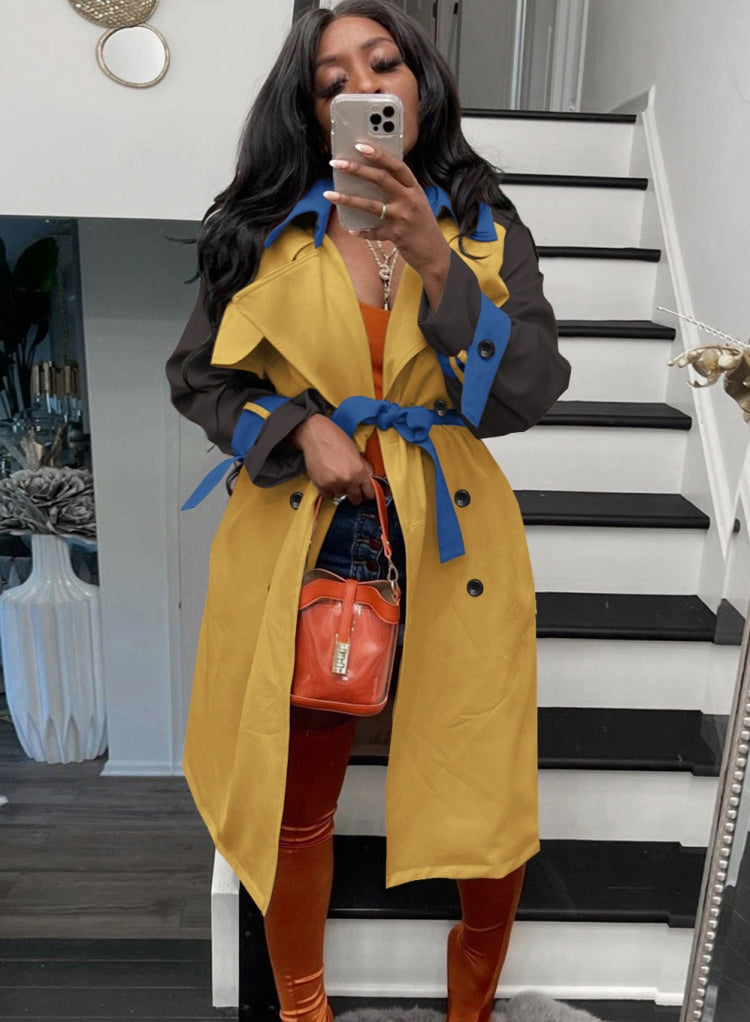 Fall Fashion Contrast Kahaki And Brown Long Sleeve Button-Open Long Coat 3