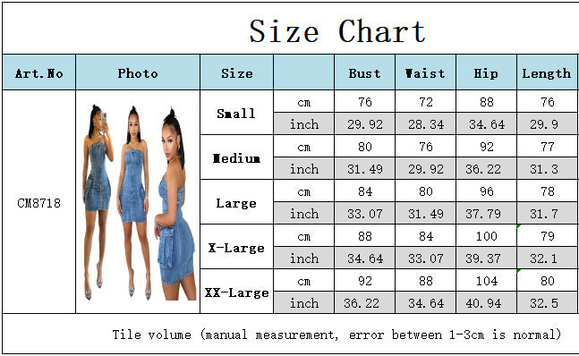 Women Sexy Strapless Washed Button Stretch Denim Dress 12