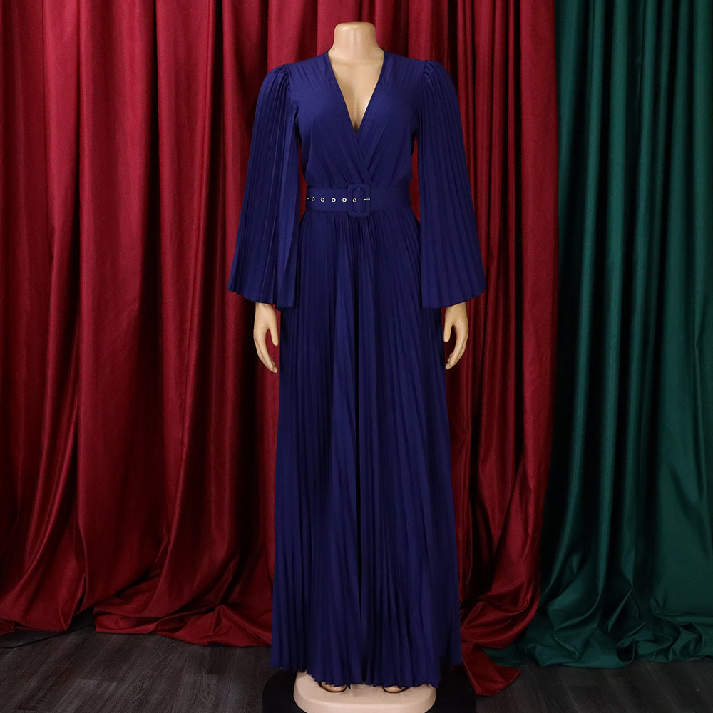 Elegant Women'S Solid Color V-Neck Sexy Pleated Long Dress Maxi Dress 38