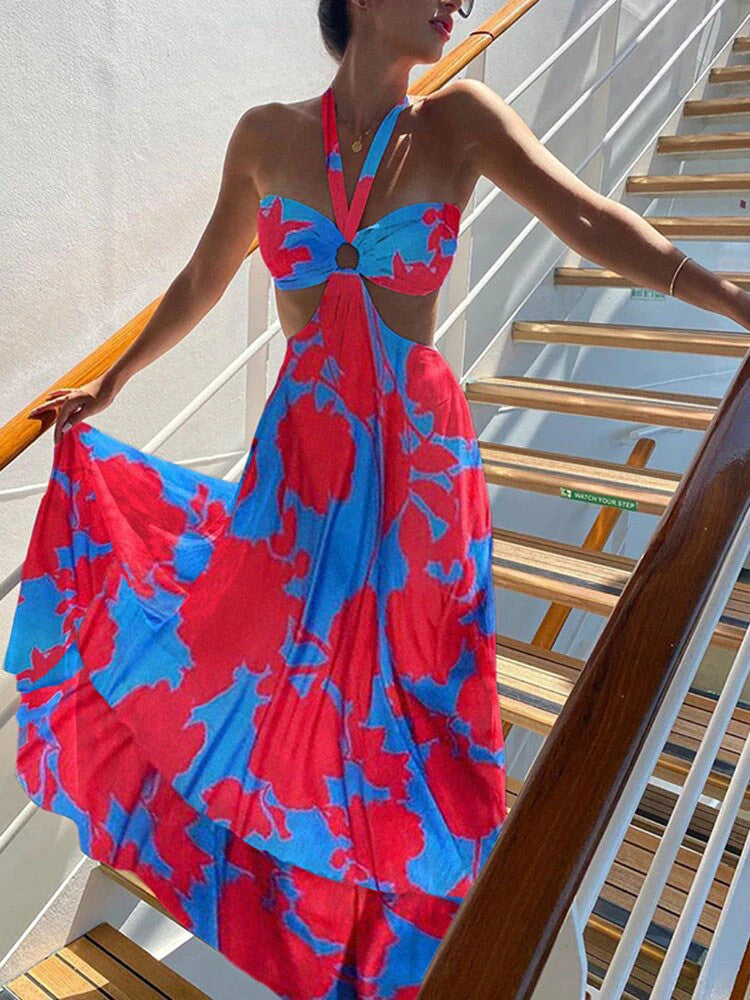 Summer Print V Neck Sleeveless Halter Boho Dress 6