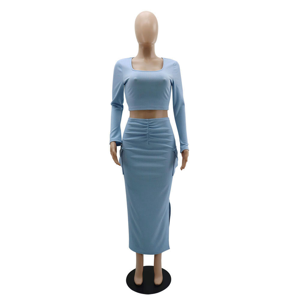 U-neck Tight Fitting short top with high waist and slit Bodycon long skirt autumn and winter two-piece set 31